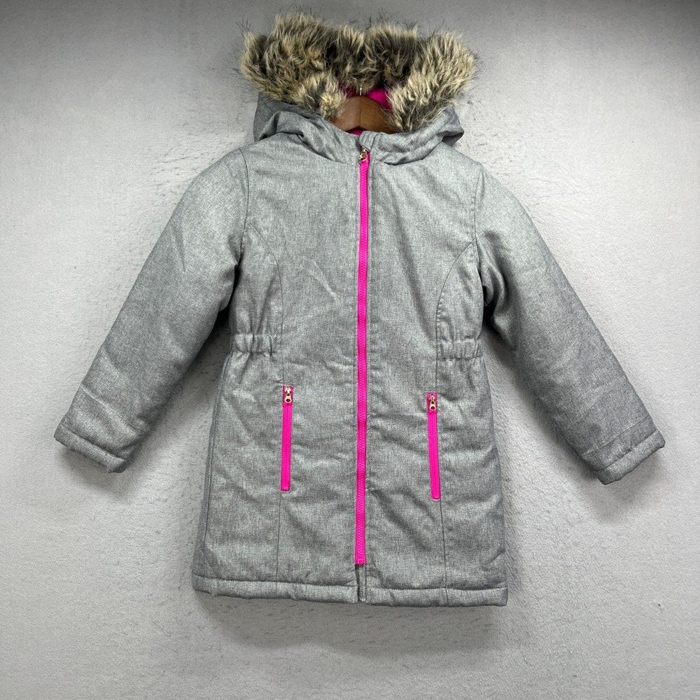 Cat & Jack Parka Jacket Girls S 6/6X Gray Pink Faux Fur Trim Hooded Winter Coat